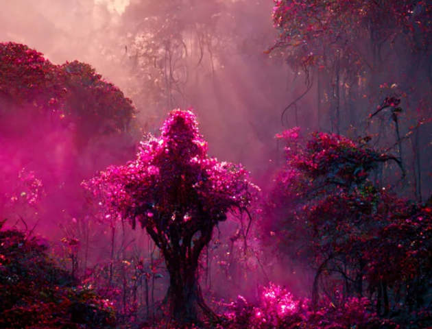 forêt fantaisiste dans les tons de rouge-rose